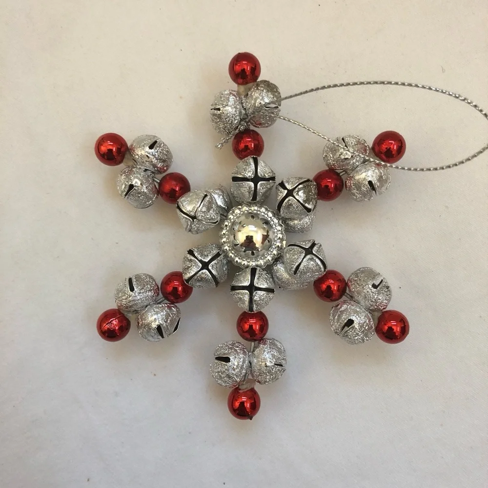 Jingle Bells Snowflake Vintage Christmas Ornament Star Silver Red Rings Hanging